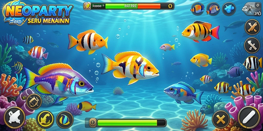 Tampilan gameplay menarik dalam NEOPARTY saat menangkap ikan.